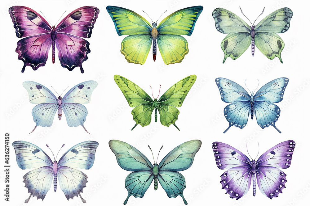 set of butterflies isolated. Butterflies collection isolated on white background. Watercolor illustration.
