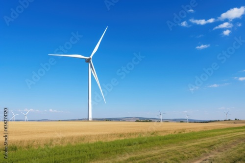 Panoramic view of a wind farm or wind farm with tall wind turbines to generate electricity