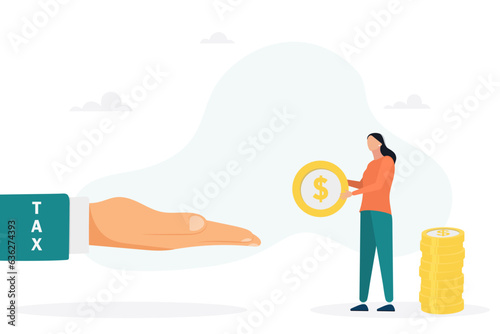 Businesswoman has to pay taxes - the concept of paying taxes. The girl is holding a coin. Vector flat style illustration.
