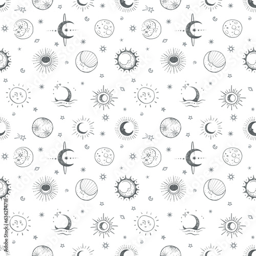 Seamless doodle-style pattern with hand-drawn grey stars and moons on white. Perfect for backgrounds, textiles, wallpapers, packaging, scrapbooking