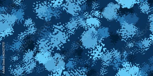 Abstract spots seamless pattern in blue,navy  colors. Camouflage endless background. Print for wallpaper, fabric, clothes.