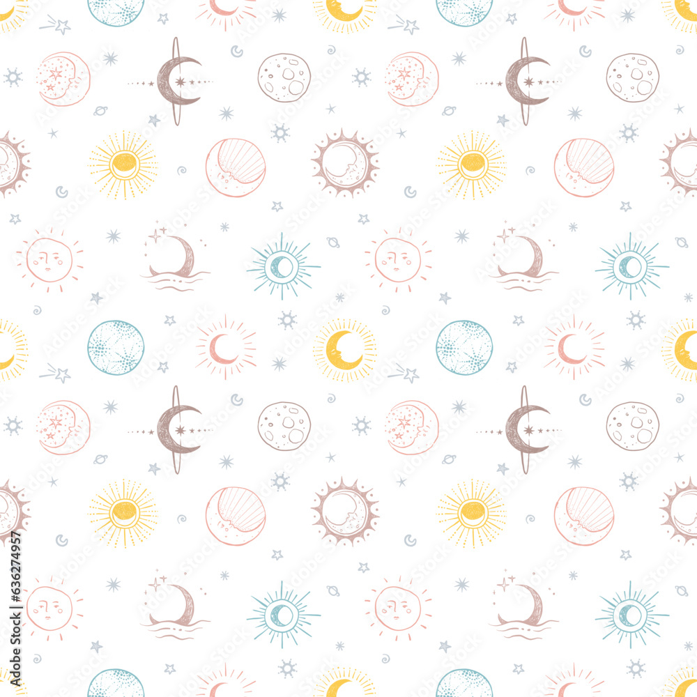 Seamless doodle-style pattern with hand-drawn stars and moons in pastel tones. Ideal for backgrounds, textiles, wallpapers, packaging, and scrapbooking Seamless doodle-style pattern with hand-drawn stars and moons in pastel tones. Ideal for backgrounds, textiles, wallpapers, packaging, and scrapbooking