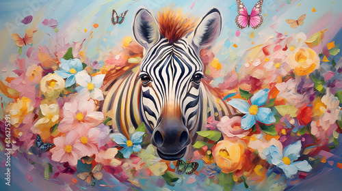  happy cute zebra in flower blossom atmosphere golden oil paint abstract art