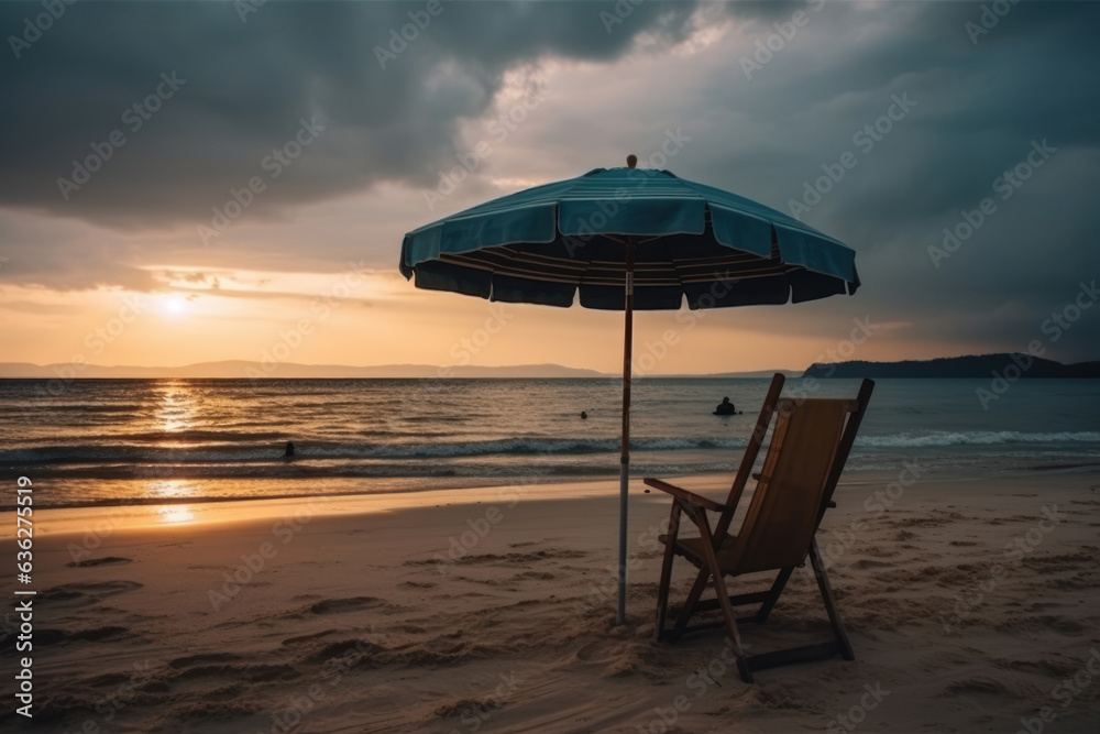 Umbrella and hammock during sunset on the beach. Generative AI. Umbrella and hammock during sunset on the beach. Generative AI.