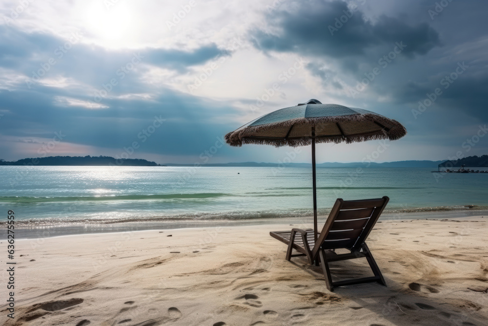 Umbrella and hammock on the shore at the beach. Generative AI.