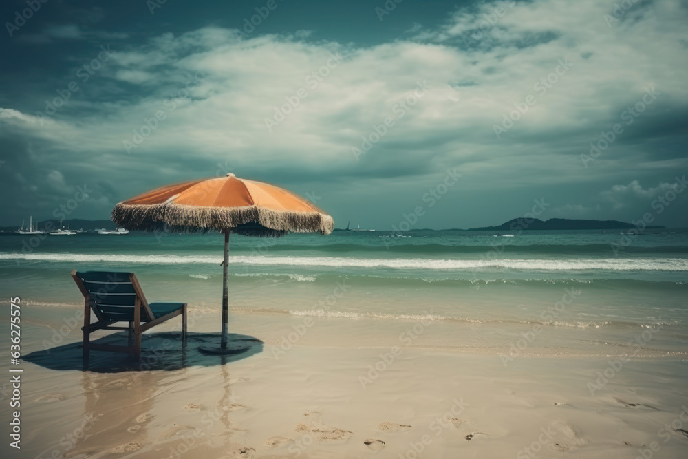 Umbrella and hammock on the shore at the beach. Generative AI.