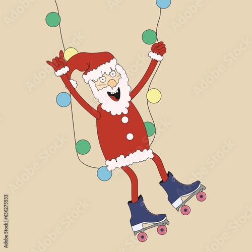 Holly Jolly Christmas greeting card with Groovy xmas Character in trendy retro Y2K style. Cute and funny santa swinging on string of Christmas light on rollers on light background. Vector art. 