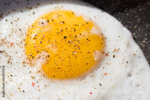 Fried egg on a plate with peppers close-up