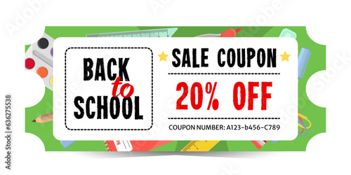 20% discount coupon template for the back to school sale. Coupon for the purchase of office and school supplies. Isolated on a white background.	
