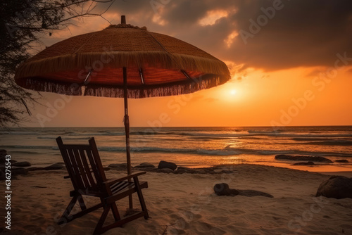 Umbrella and hammock during sunset on the beach. Generative AI.