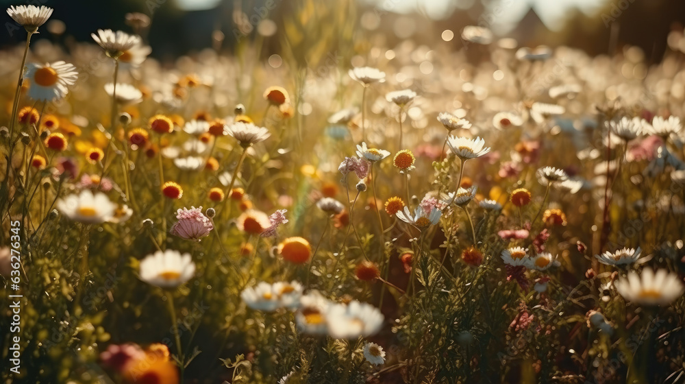 Flower field in sunlight, spring or summer garden background in closeup macro.