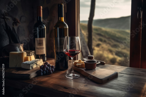 Table of different Cheeses and wines, on a wooden table and the field in the background. Generative AI.