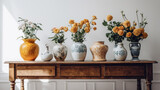 Fresh flower vases and houseplants decorate a sideboard against a white wall in a home, providing a copy space for additional items.