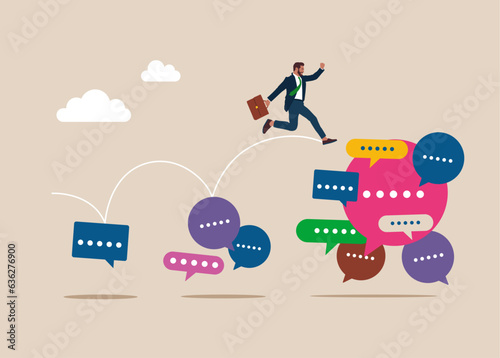 Businessman jumping from small to the big speech bubbles. Discussion, conversation, meeting, team communication, colleague chatting, opinion. Flat vector illustration.