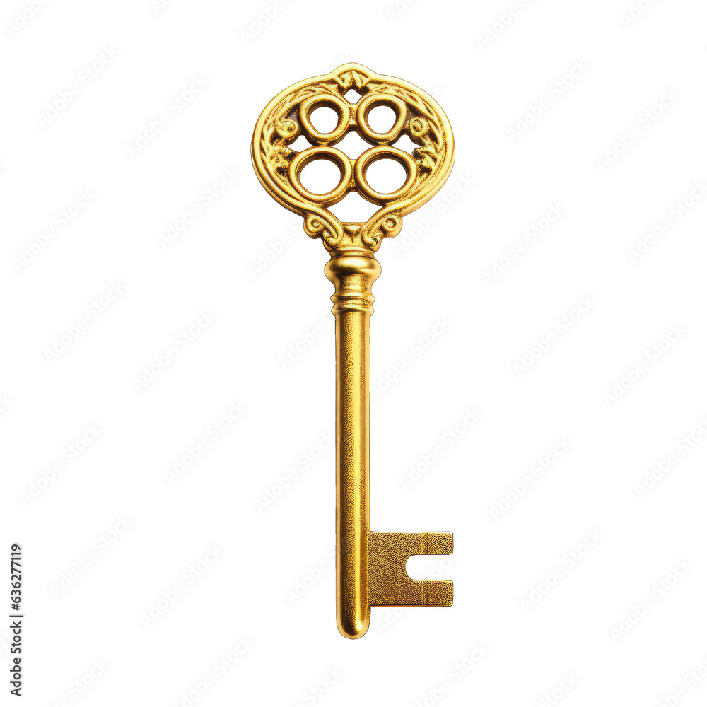 Obraz premium Golden key isolated on white, transparent background, PNG