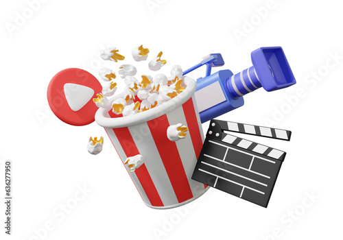 Advertising products movie entertainment popcorn box floating on isolated background. paper bucket red white striped paper cup delicious party fast food, clapper board elements. 3d rendering photo