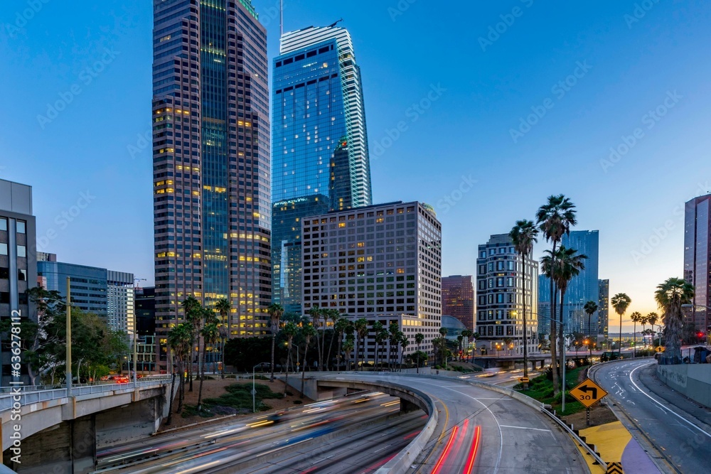 Dawning Urban Energy: 4K Image of Los Angeles Downtown and Morning Traffic at Sunrise Dawning Urban Energy: 4K Image of Los Angeles Downtown and Morning Traffic at Sunrise
