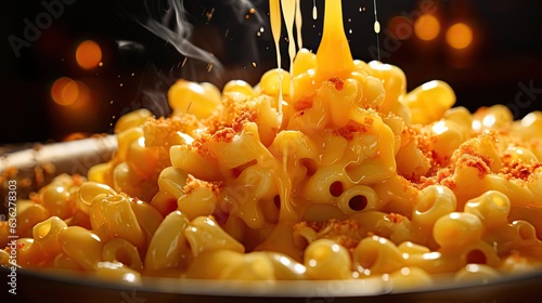macaroni full of melted cheese sprinkled with savory herbs on a black and blurred background
