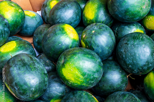 Photography fresh green melons  close up for sale at a street market shot on toronto's spadi