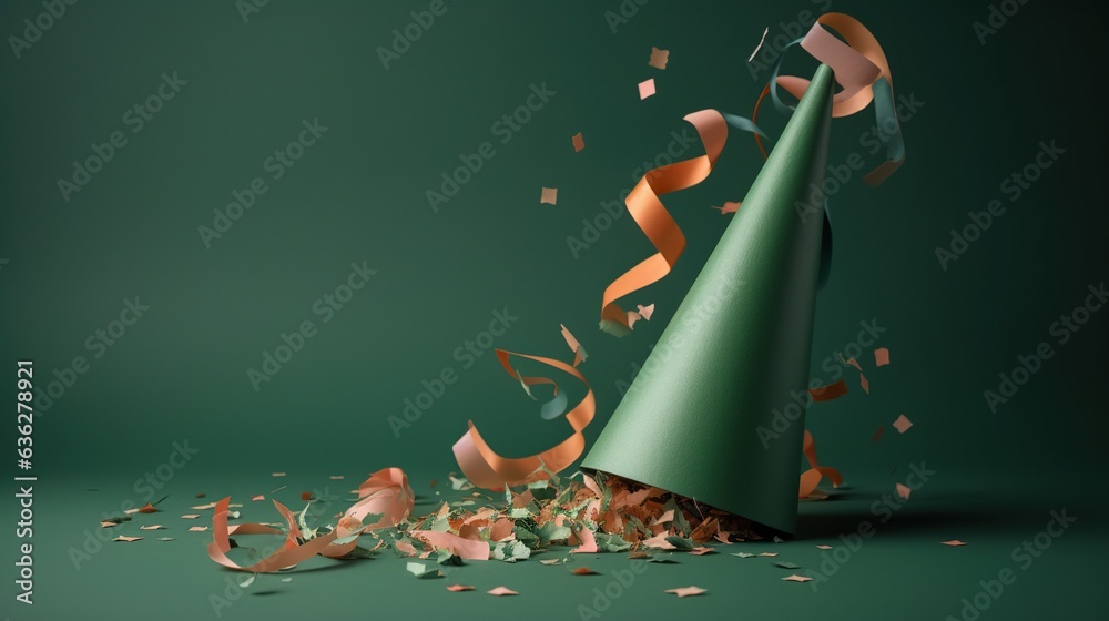 a green party hat and colorful streamer confetti on green background - obrazy, fototapety, plakaty 
