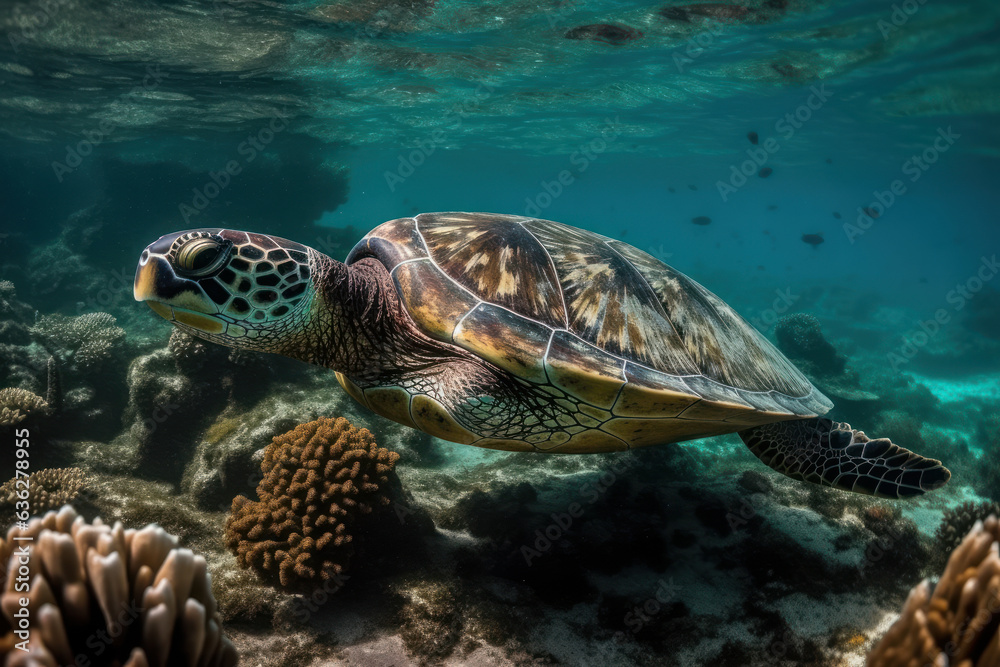 Fototapeta premium Sea turtle, swimming in a sea of corals. Generative AI.