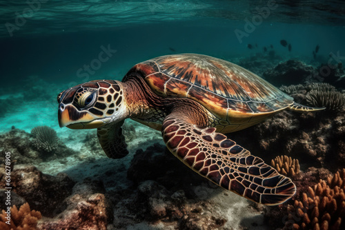 Sea turtle  swimming in a sea of corals. Generative AI.