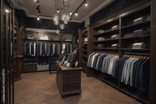 Elegant men's clothing store with artificial lighting. Generative AI. © Agustin