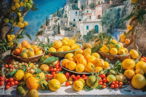 Exploring the beauty of Italian summer in Positano on Amalfi Coast through an artistic collage of citrus fruits and lemons. Generative AI