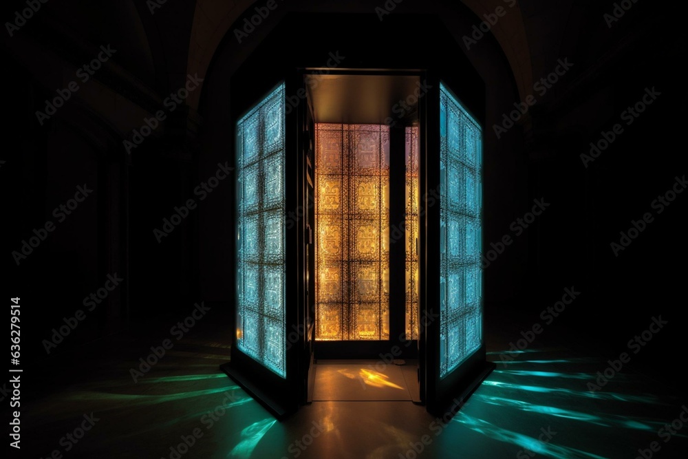 An illuminated chamber featuring a virtual 3D door. Generative AI