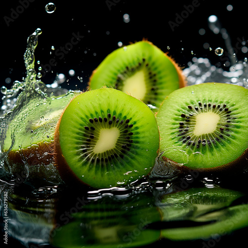 sliced kiwi falls into water on a dark background created with Generative Ai