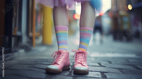 Fabulous free spirited teenager in colorful rainbow pastel frilly ballerina type costume dress with striped socks and cute shoes walking down city subway station corridor - generative AI © SoulMyst