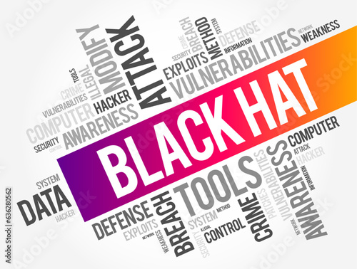 Black Hat is a hacker who violates computer security for their own personal profit or out of malice, word cloud concept background