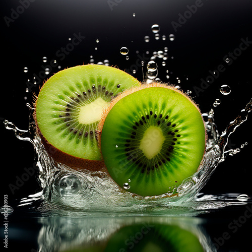 sliced kiwi falls into water on a dark background created with Generative Ai