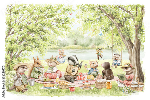 Composition with variety set of cute animals in vintage clothes surrounded by summer green landscape on picnic isolated on white background. Watercolor hand drawn illustration sketch