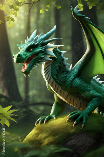 green wooden dragon symbol of 2024 in the  forest © Ocharonata