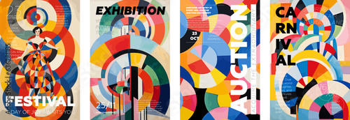 Carnival and Auction creative retro art poster set. Festival and Exhibition vintage typography print design collection. Placard with promo text on colorful abstract pattern. Modern trendy vector cover