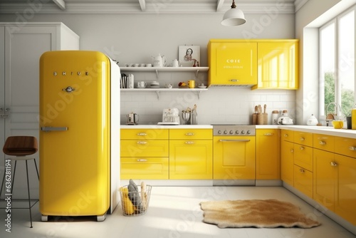 Kitchen with white furniture and a yellow fridge. Generative AI