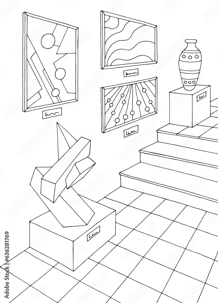 Museum interior graphic black white sketch illustration vector 