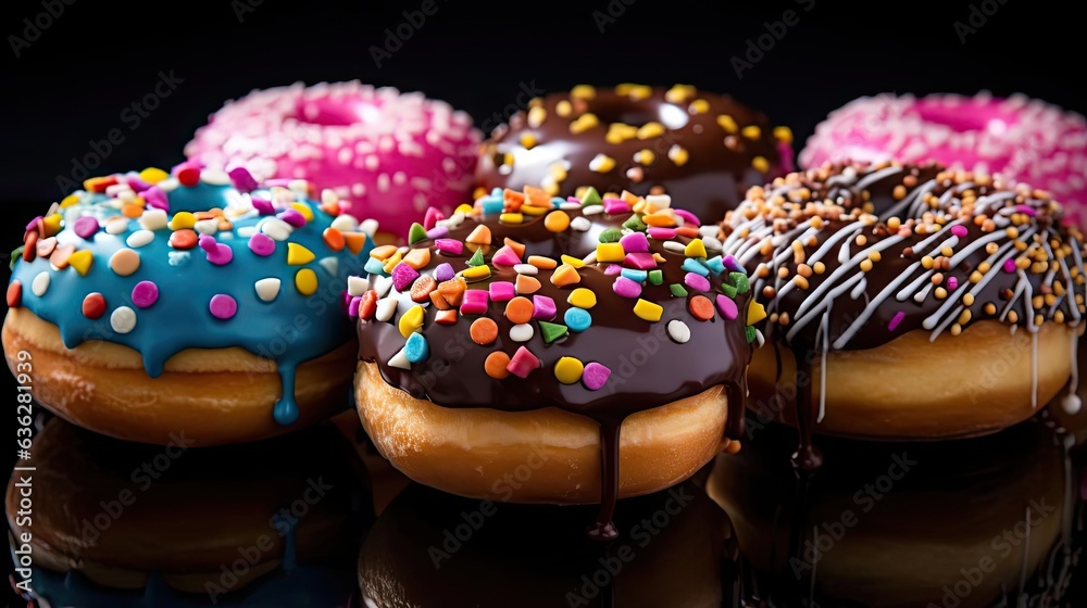 sweet donuts filled with melted chocolate and sprinkles with a blurred background