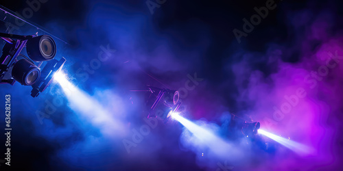 Purple and blue searchlights in the smoke on dark background. Creative abstract club performance soffits banner. 