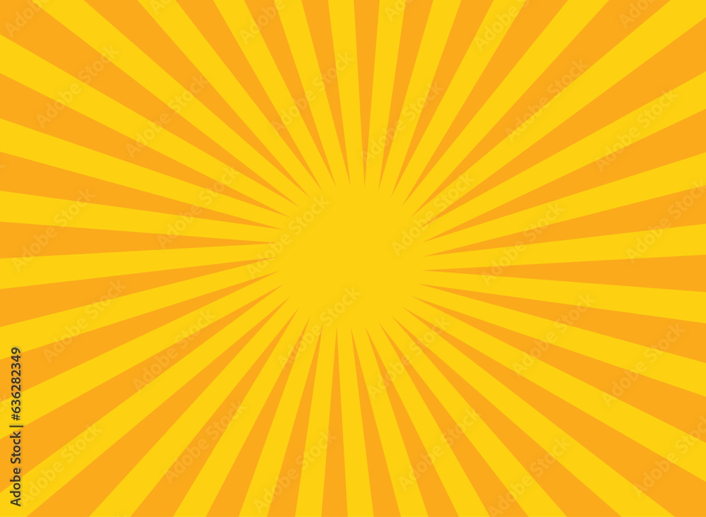 Naklejka premium Sun rays background. Pop art sun rays background. Vector illustration of retro template for yellow with radial stripes on orange.