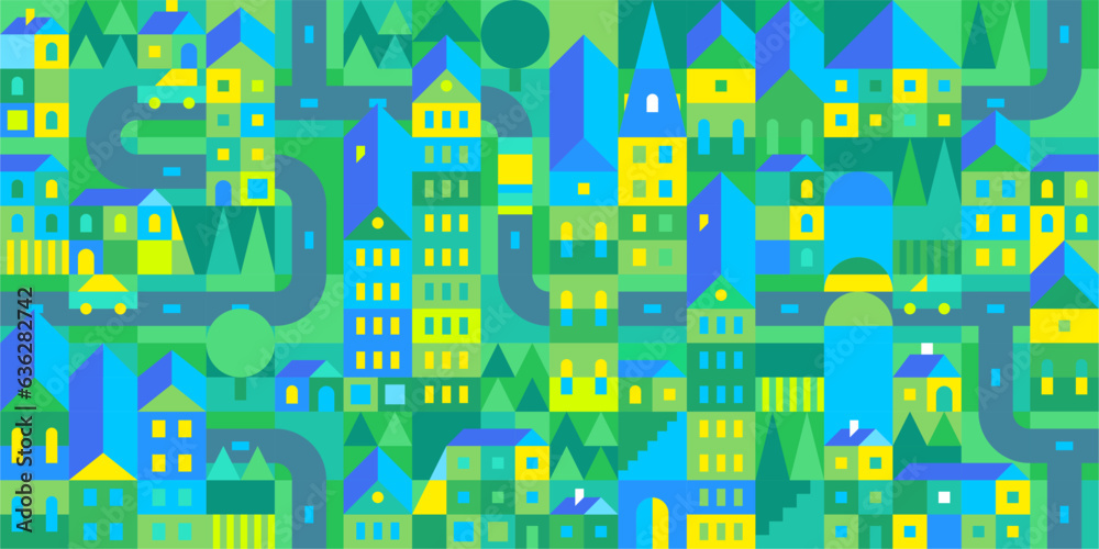 Seamless Abstract Cartoon Urban Vector Bauhaus Swiss Geometric City Pattern Background Template