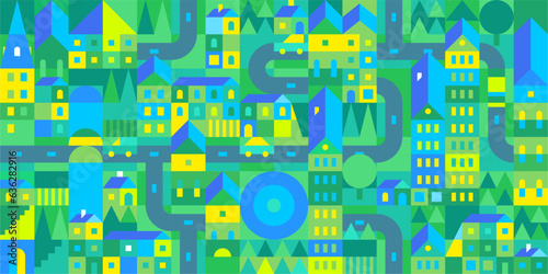 Trendy Seamless Abstract Cartoon Urban Vector Bauhaus Swiss Geometric City Pattern Design Background