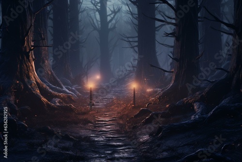 Misty path through ominous forest with glowing lights. Generative AI