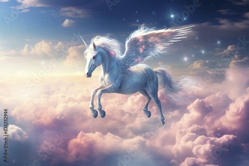 A mystical unicorn flies among dreamlike skies with clouds and a crescent. Generative AI
