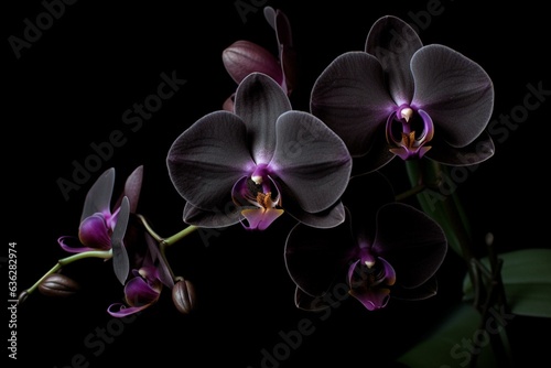 Beautiful black orchid blooms stand out against a dark backdrop. Generative AI