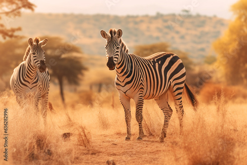 Zebras herd on African savanna in sunlight. Wild nature of Africa. Zebra stand facing camera. Generative AI © artsterdam
