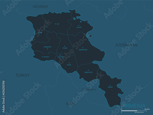 Armenia map. High detailed map of Armenia with countries, borders, cities, water objects. Vector illustration EPS10