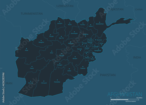 Afghanistan map. High detailed map of Afghanistan with countries, borders, cities, water objects. Vector illustration EPS10