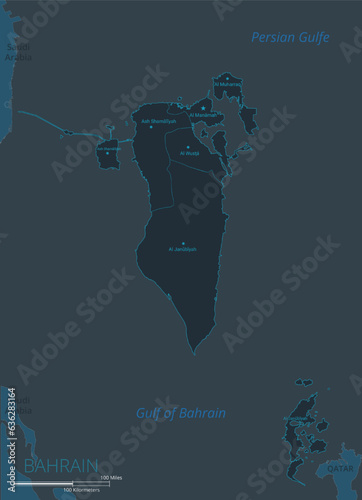 Bahrain map. High detailed map of Bahrain with countries, borders, cities, water objects. Vector illustration EPS10
